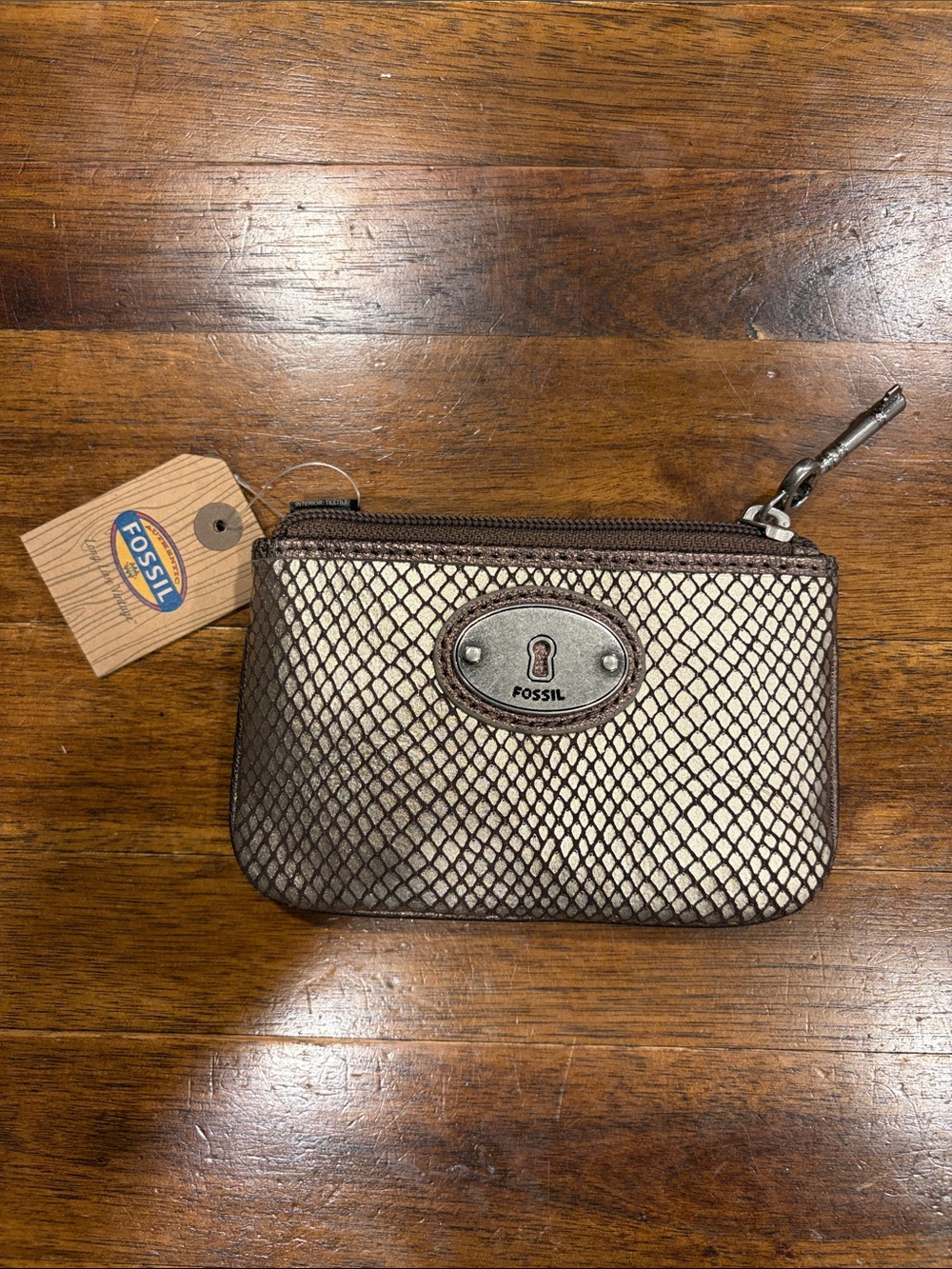 Fossil Metallic Mesh Coin Pouch in Silver and Brown